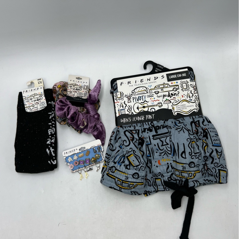 Boxlunch Friends Show Lot Earrings Socks Lounge Pants Scrunchies NWT